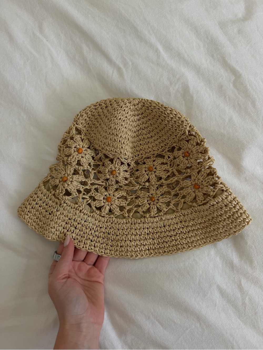 Vintage Straw Beaded Floral Bucket Hat